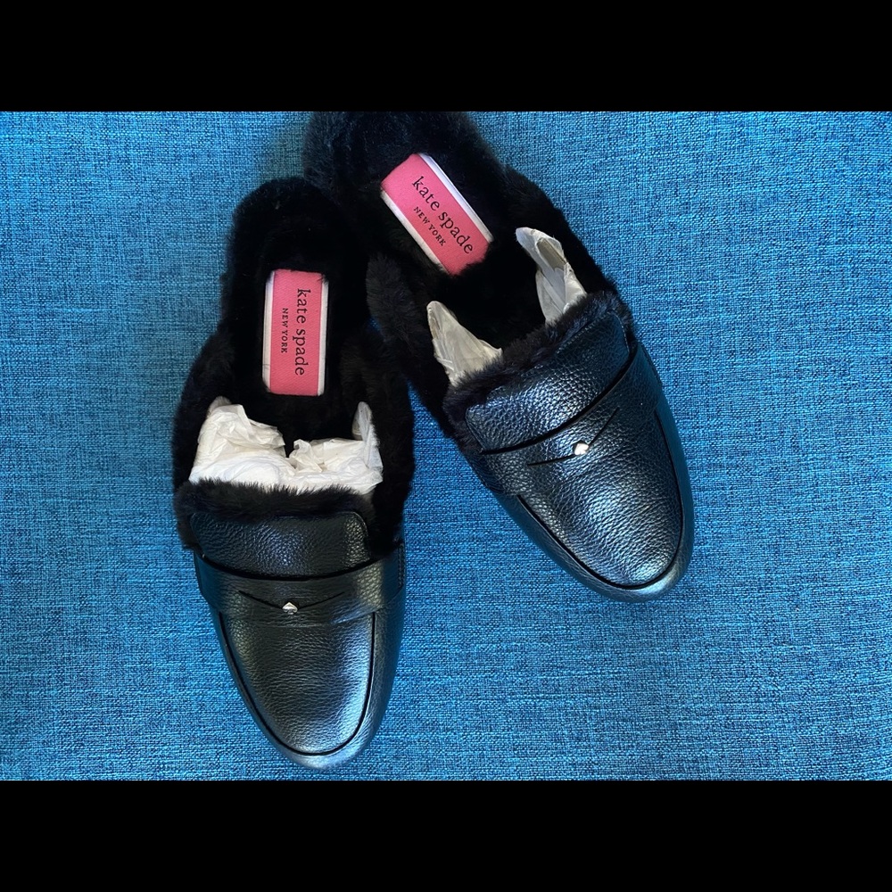 NWT Kate Spade Fur Lined Leather Slides, Black, size 7.5 - Picture 7 of 10